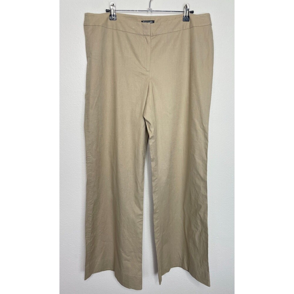 Tahari Dress Pants Womens Size 12 Tan Linen Cotton Wide Leg Stretch Mid Rise